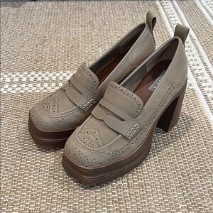 Tan Platform Loafers with Chunky Heel